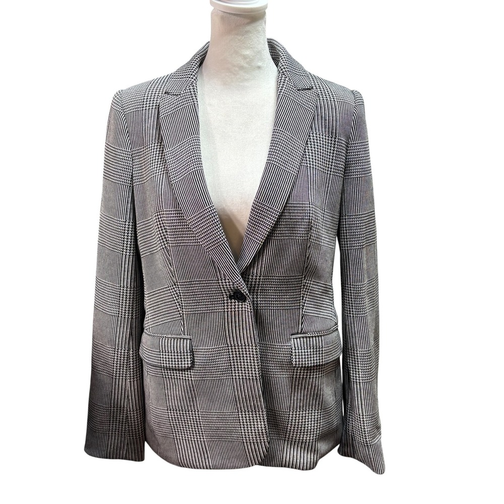 Calvin Klein Womens Glen Plaid Blazer Black White One Button Jacket Size 4 #1103